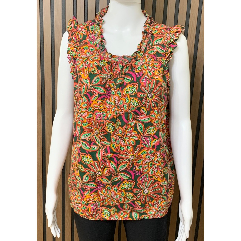 J.Crew Women's XL Floral Ruffle Neck Sleeveless Blouse Pink Green Orange Cotton